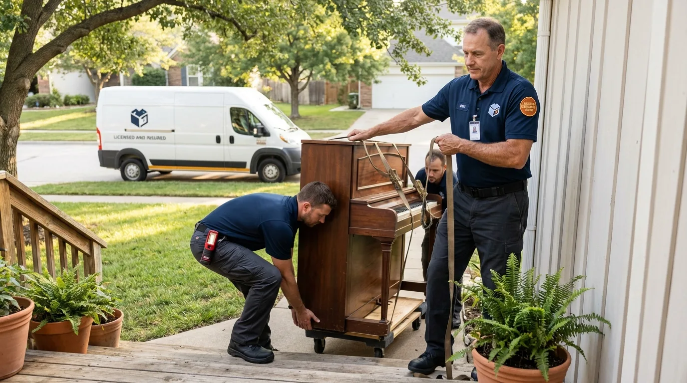 Licensed piano movers securing grand piano in Leicester, MA
