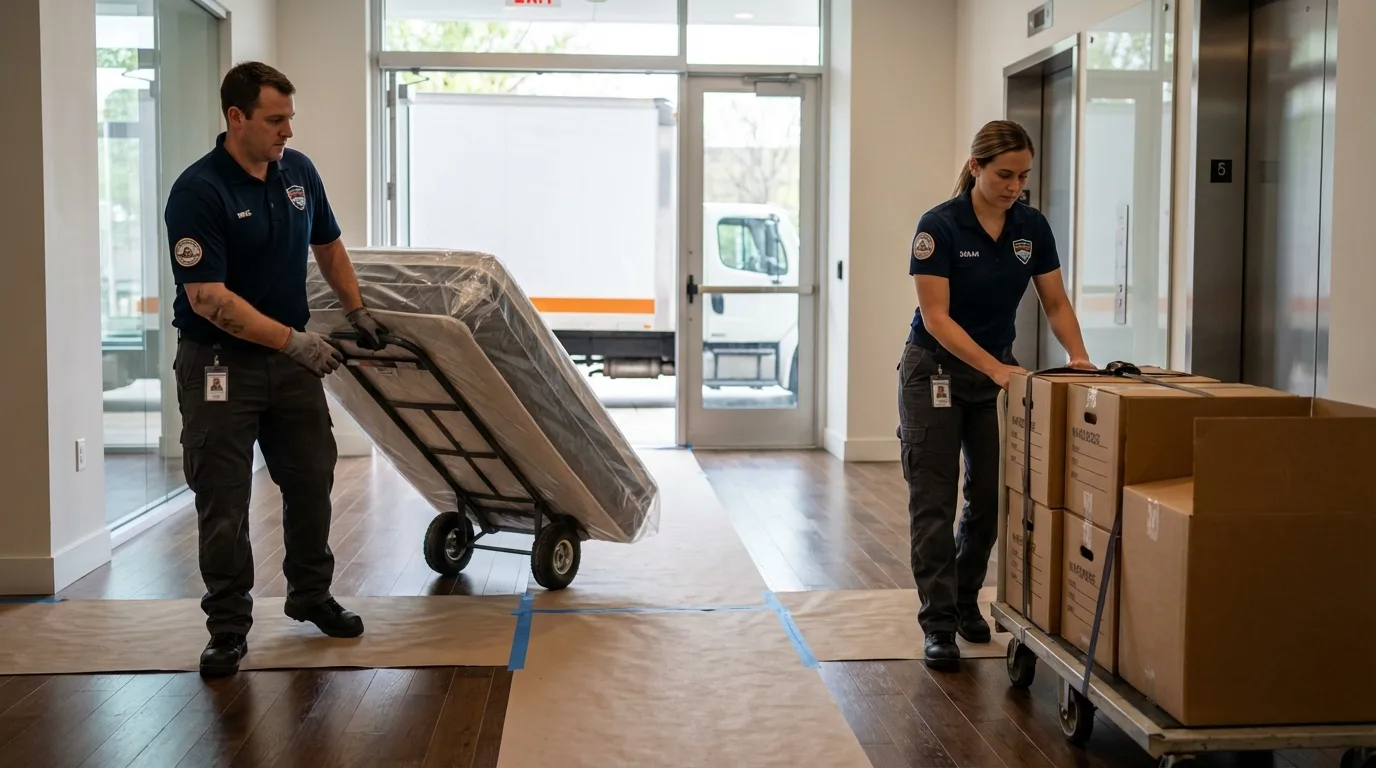 Professional apartment movers loading elevator in Leicester, MA