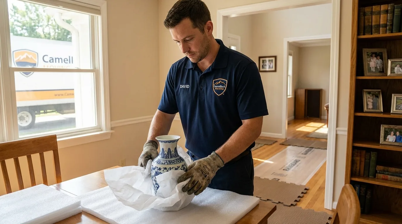 Professional crew carefully wrapping antique vase for senior downsizing move in Leicester, MA