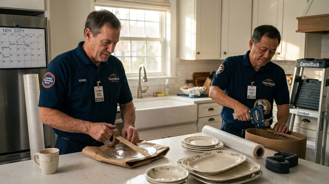 Professional crew packing kitchen dishware in Leicester, MA